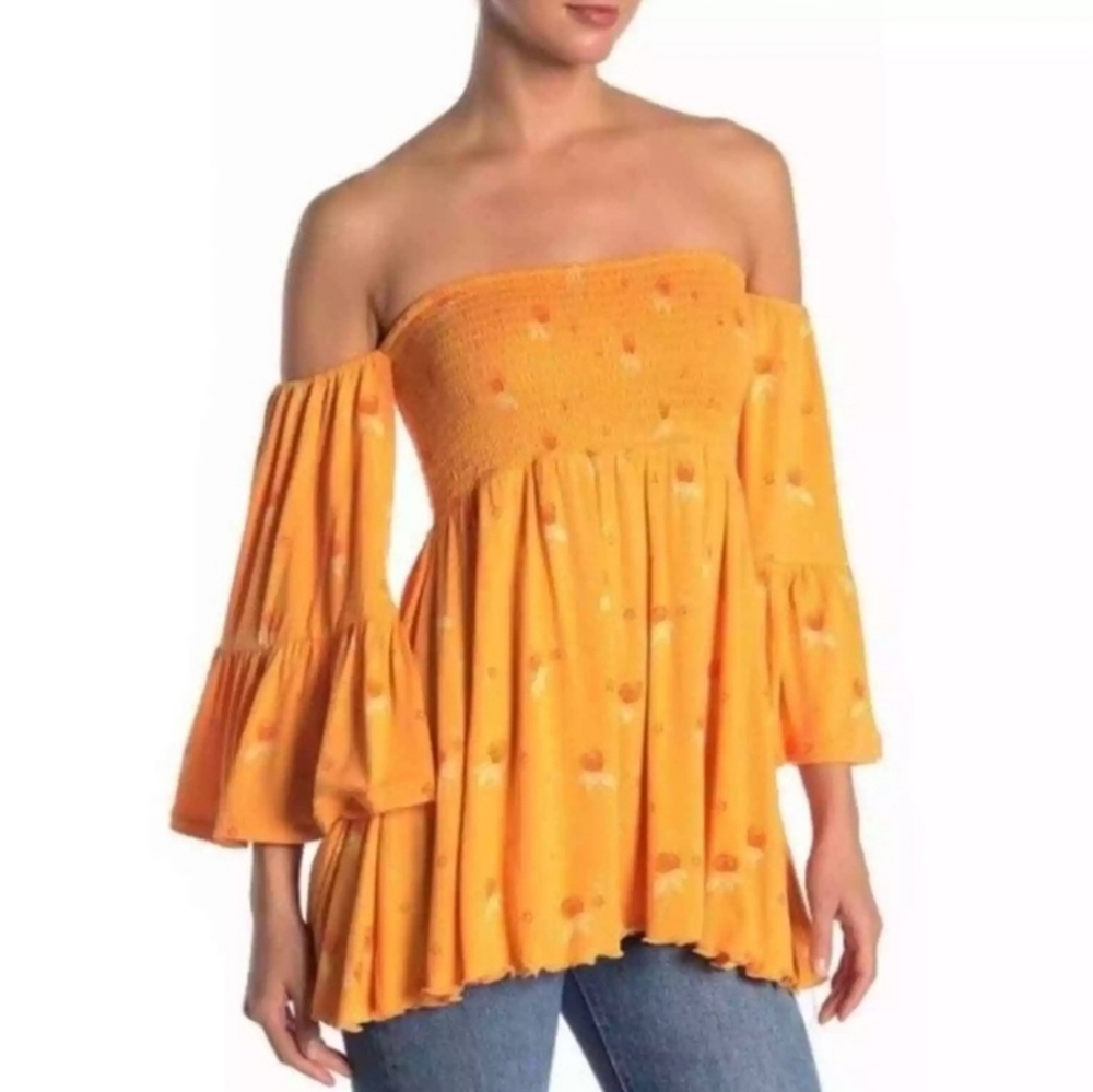 FREE PEOPLE Lana Off The Shoulder Bell Sleeves Orange Smocked Tunic NWTS Size XS - Picture 4 of 13